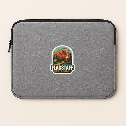 a gray laptop sleeve with a logo for Flagstaff, Arizona.