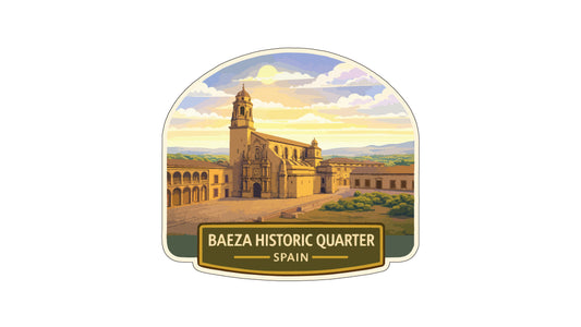 a historical building, likely a church or cathedral, with a scenic landscape in the background.