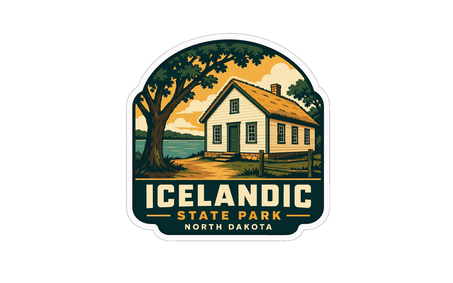 a sticker or logo for Icelandic State Park, North Dakota. It depicts a house surrounded by trees and a lake, with the text "Icelandic State Park North Dakota" prominently displayed.