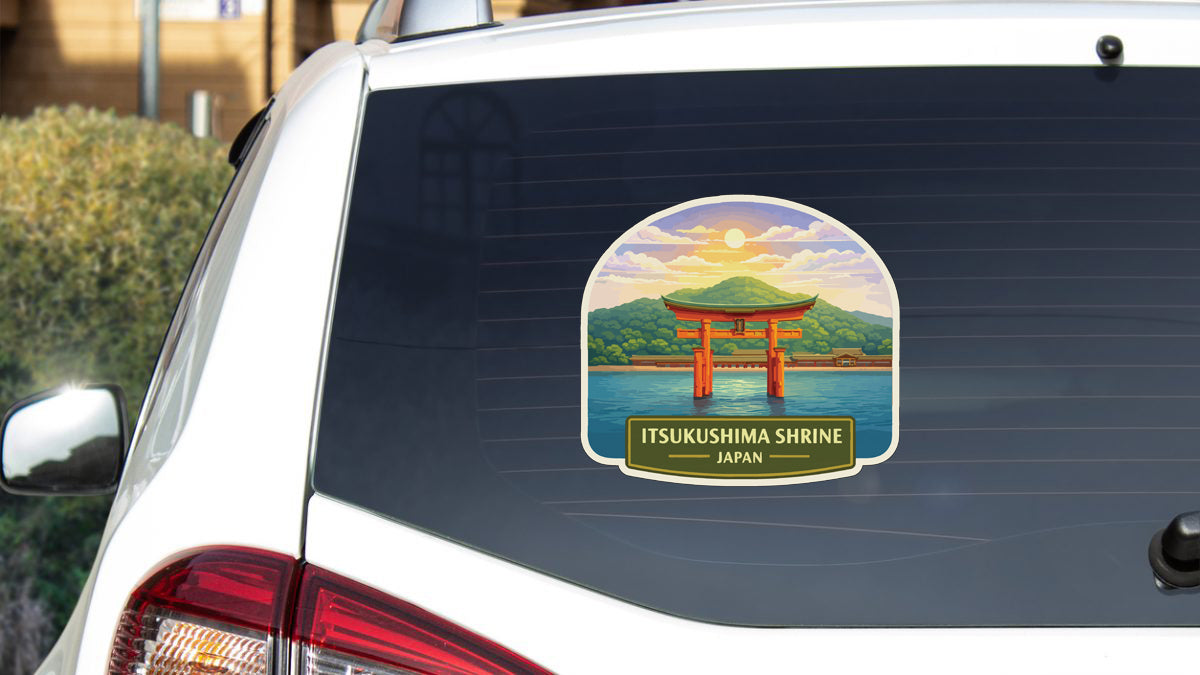 A sticker on the rear window of a car depicting the Itsukushima shrine in Japan.