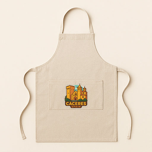 A beige apricot with a graphic of a castle and the text "Cacéres" printed on it.