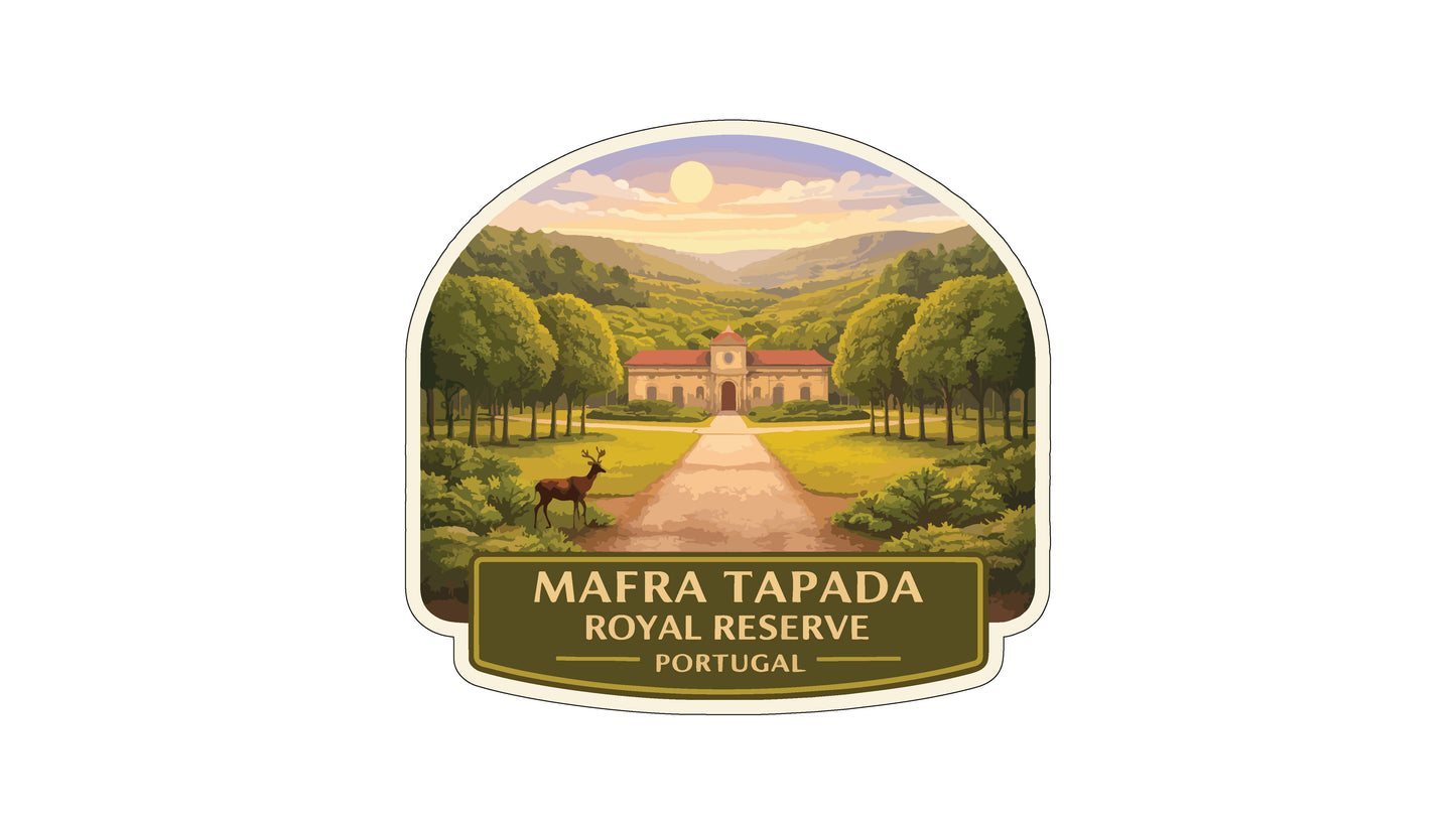 a scenic landscape with a building, trees, and a deer in the foreground, all set against a backdrop of a sunset. The text "MAFRA TAPADA ROYAL RESERVE PORTUGAL" is prominently displayed, indicating the location of the reserve.
