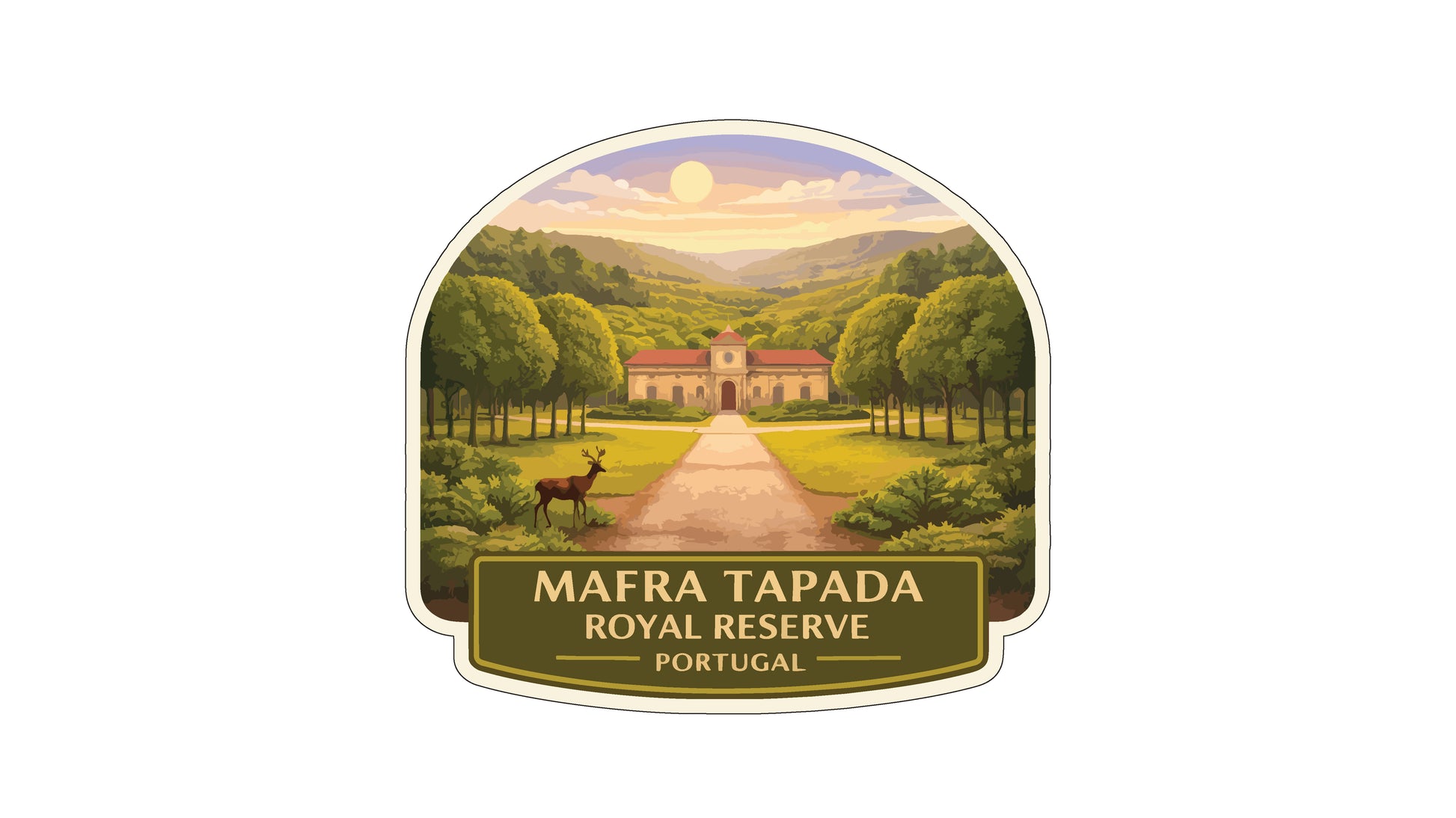 a scenic landscape with a building, trees, and a deer in the foreground, all set against a backdrop of a sunset. The text "MAFRA TAPADA ROYAL RESERVE PORTUGAL" is prominently displayed, indicating the location of the reserve.