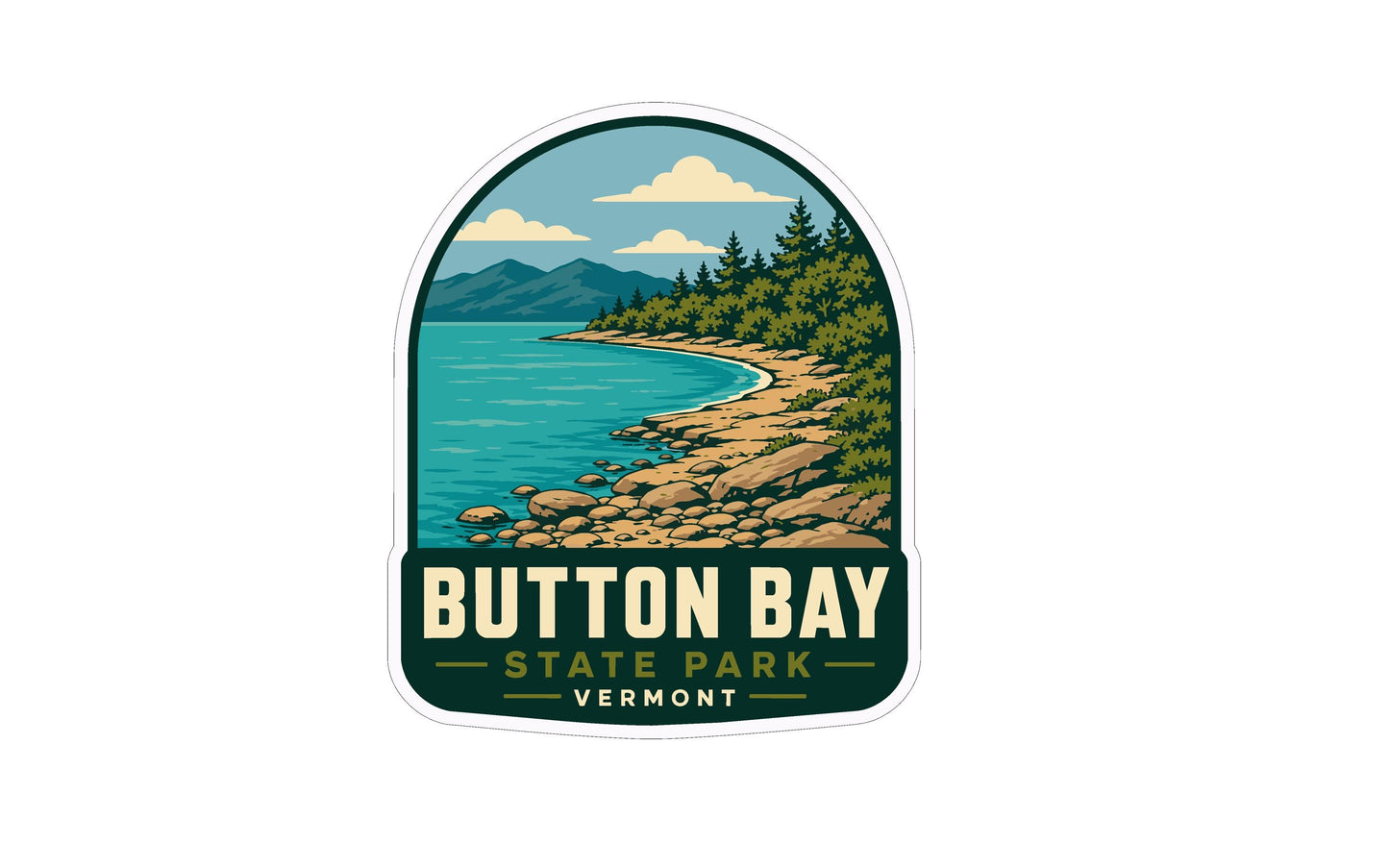 A sticker or emblem featuring a scenic landscape with mountains, a lake, and a rocky shoreline, with the text "BUTTON BAY STATE PARK VIRGINIA" prominently displayed.