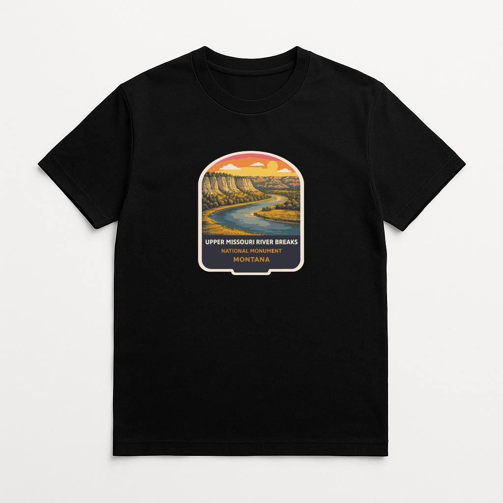 A black t-shirt with a graphic design depicting a scenic landscape with a river and mountains.