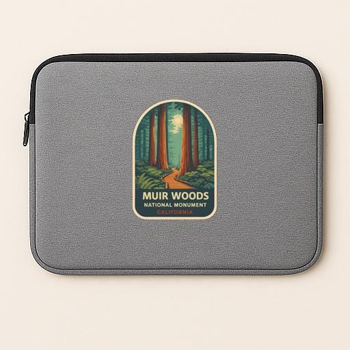 a gray laptop sleeve with a sticker of Muir Woods National Monument, California.