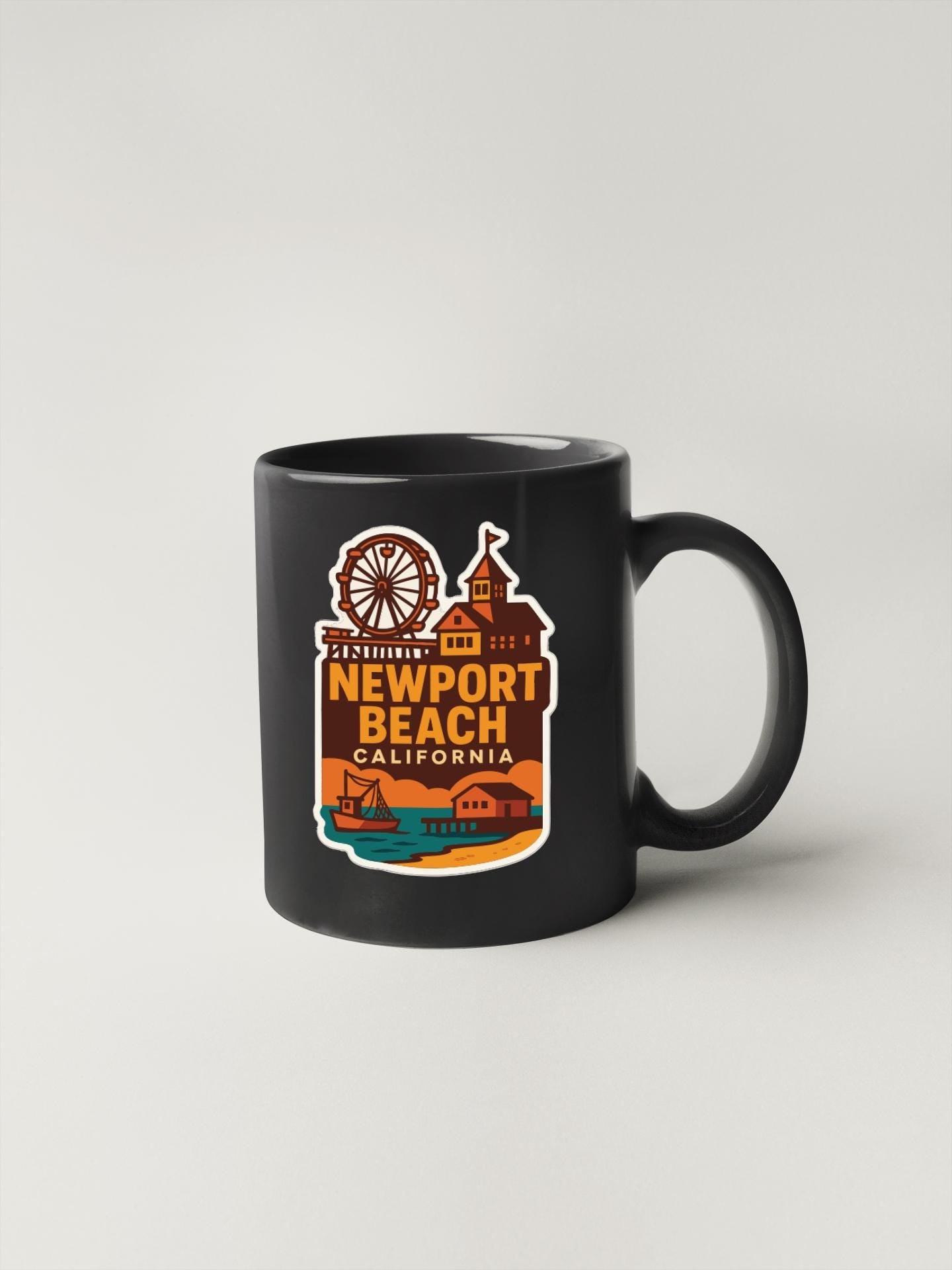 A black coffee mug with a colorful graphic design depicting Newport Beach, California.