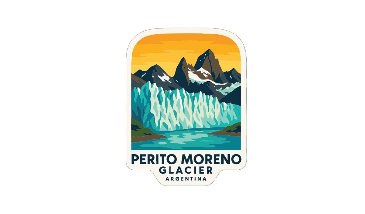 A sticker or emblem featuring a scenic landscape with mountains, a lake, and a waterfall. The text "PERITO MORENO GLACIER ARGENTINA" is prominently displayed, indicating the location of the landmark.