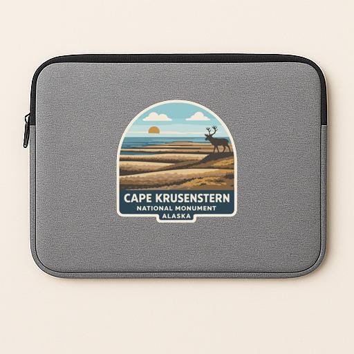 A gray laptop sleeve with a graphic design depicting a scenic landscape featuring a mountain range, a lake, and a deer.