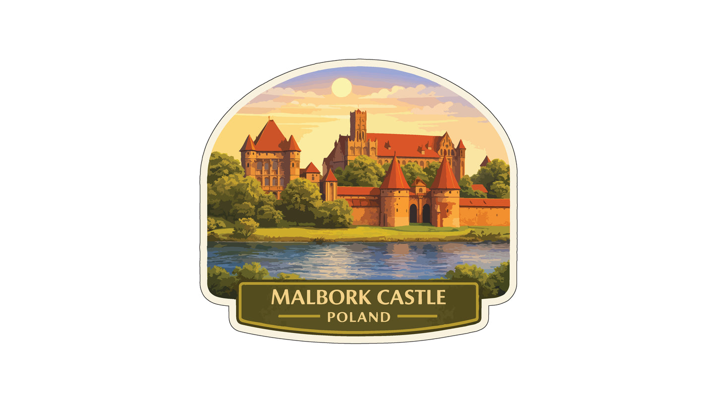 Malbork Castle, a historic landmark in Poland, is depicted in the image.