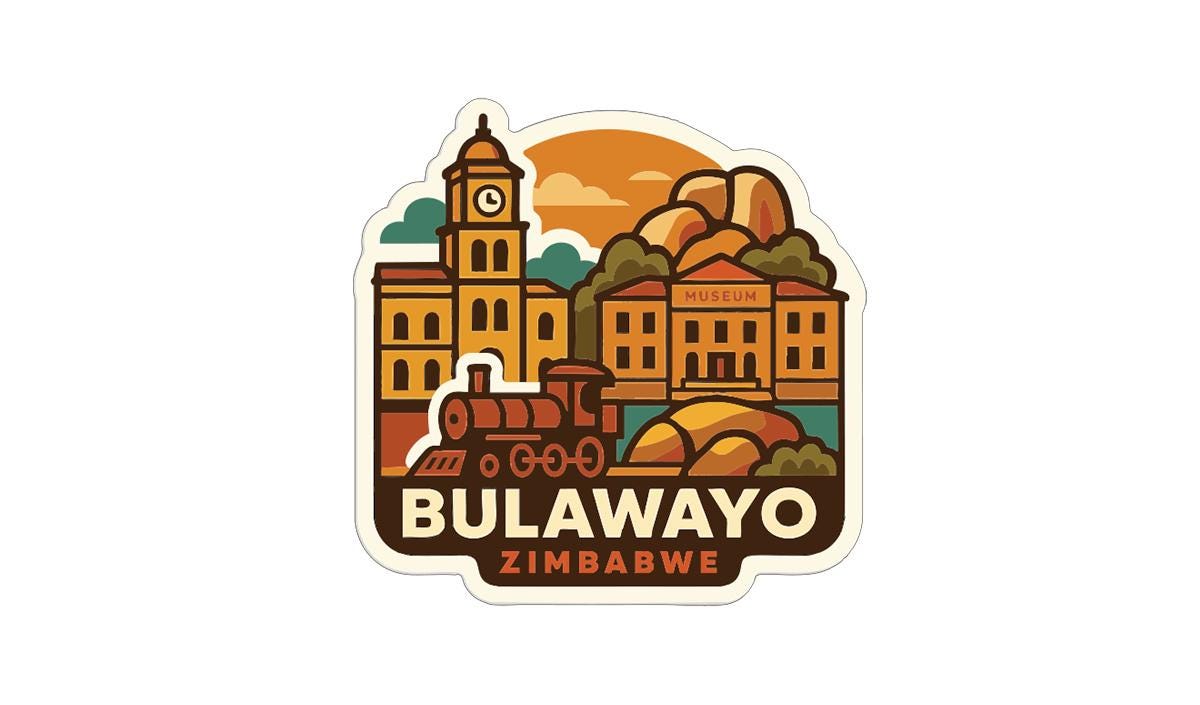 a sticker or illustration of Bulawayo, Zimbabwe, with various landmarks and elements such as a clock tower, buildings, a train, and a sunset.