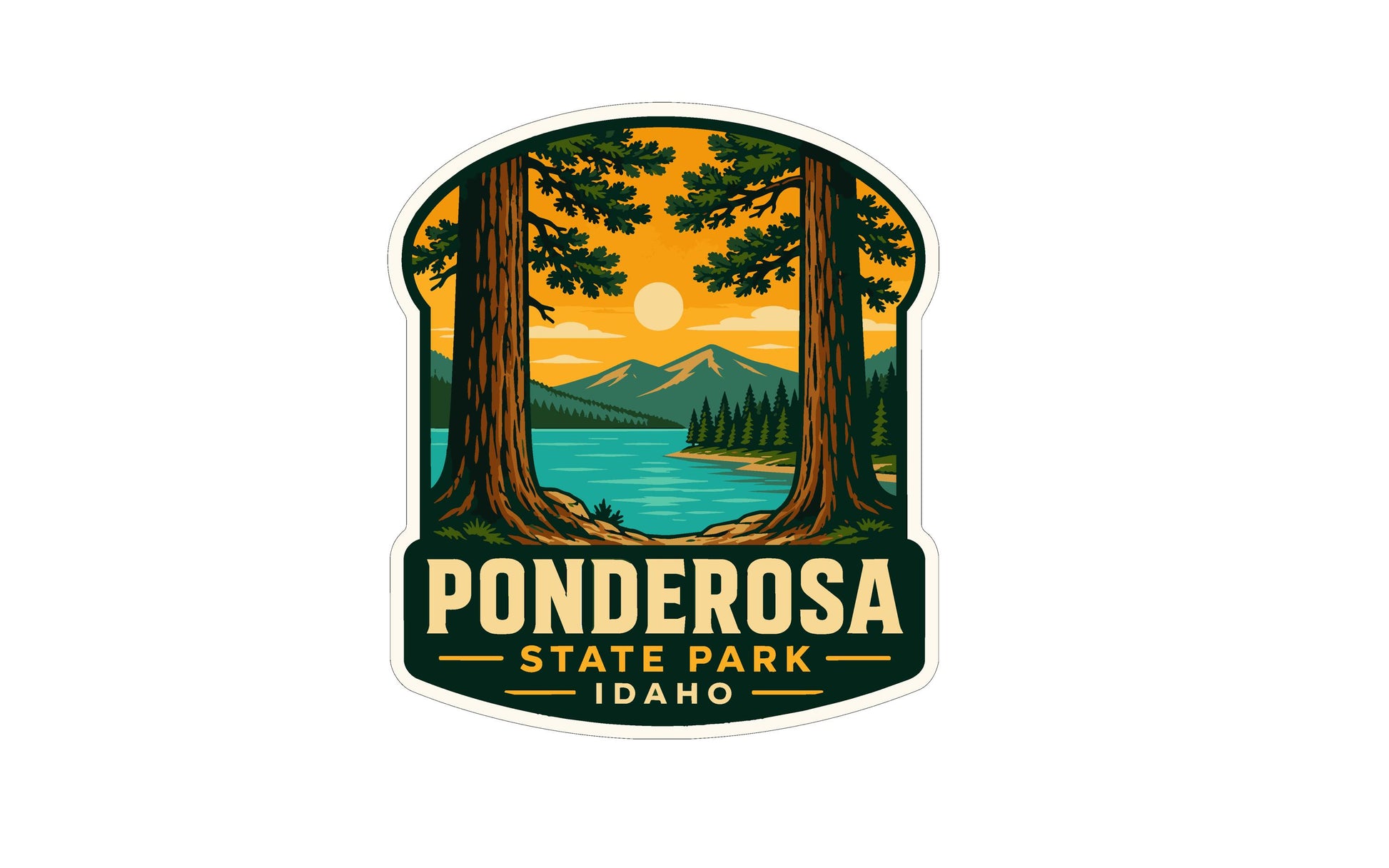 A sticker or emblem featuring a scenic landscape with pine trees, a lake, mountains, and a sunset. The text "Ponderosa State Park, Idaho" is prominently displayed, indicating the location of the park.