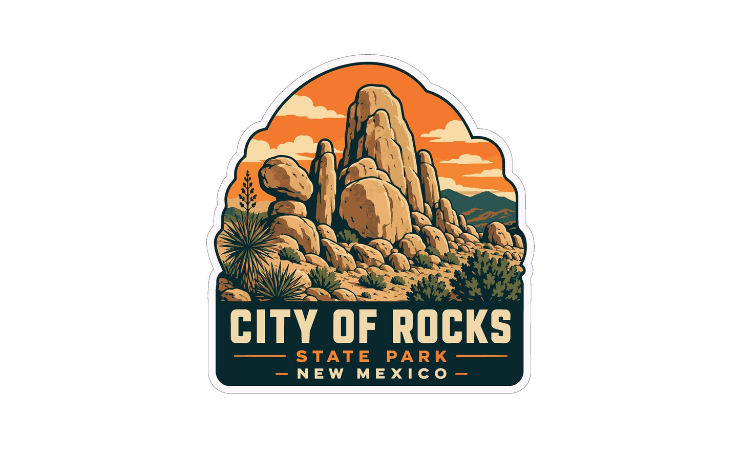 a sticker or emblem with a desert landscape and rock formations, along with the text "City of Rocks State Park - New Mexico".