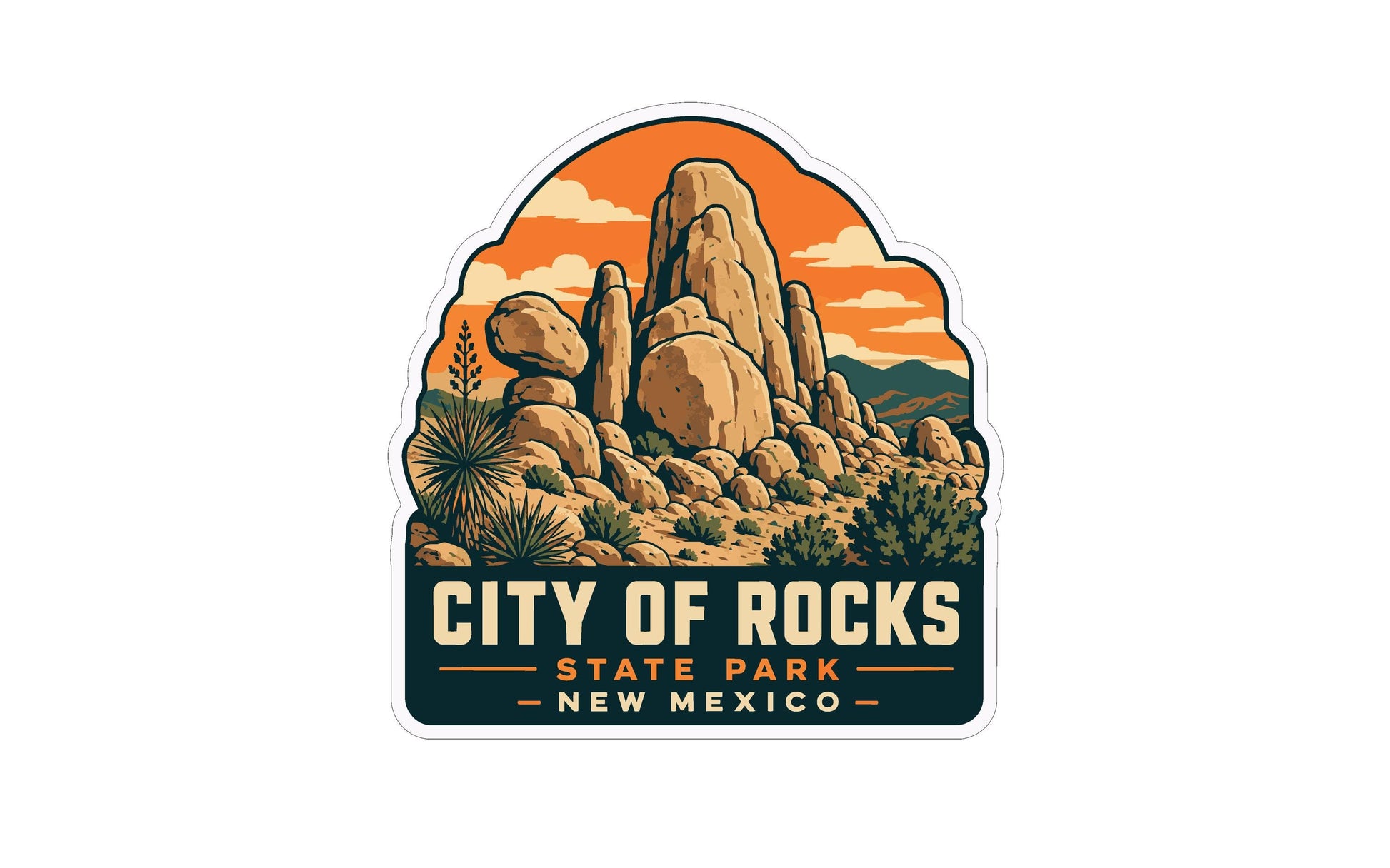 a sticker or emblem with a desert landscape and rock formations, along with the text "City of Rocks State Park - New Mexico".