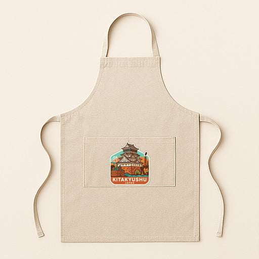A beige apricot with a graphic of a temple and the text "KITAKYUSHU" printed on it.