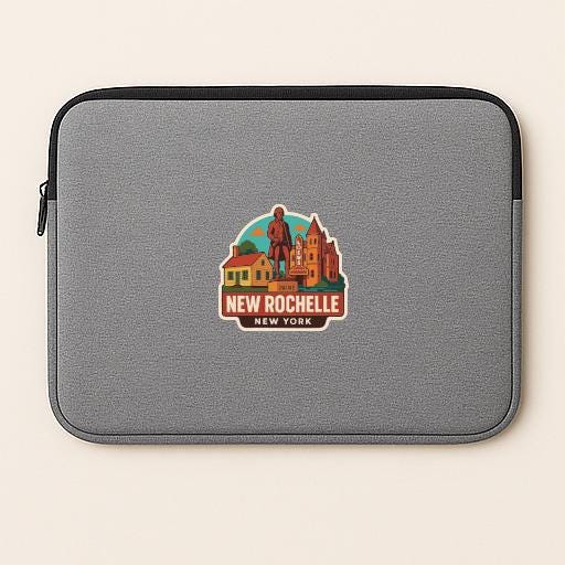 A gray laptop sleeve with a colorful sticker depicting the New Rochelle, New York, skyline.