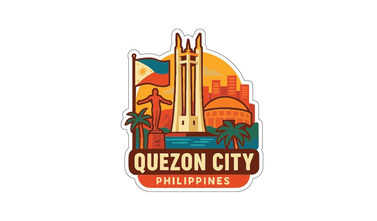 a sticker or emblem with the text "QUEZON CITY PHILIPPINES" and various icons representing the city of Quezon City, Philippines.