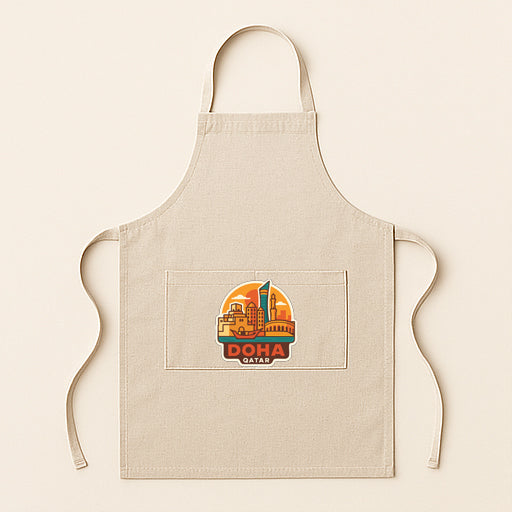 A beige apricot with a graphic of a city skyline on it, featuring the text "Doha" and "Doha" in the center.