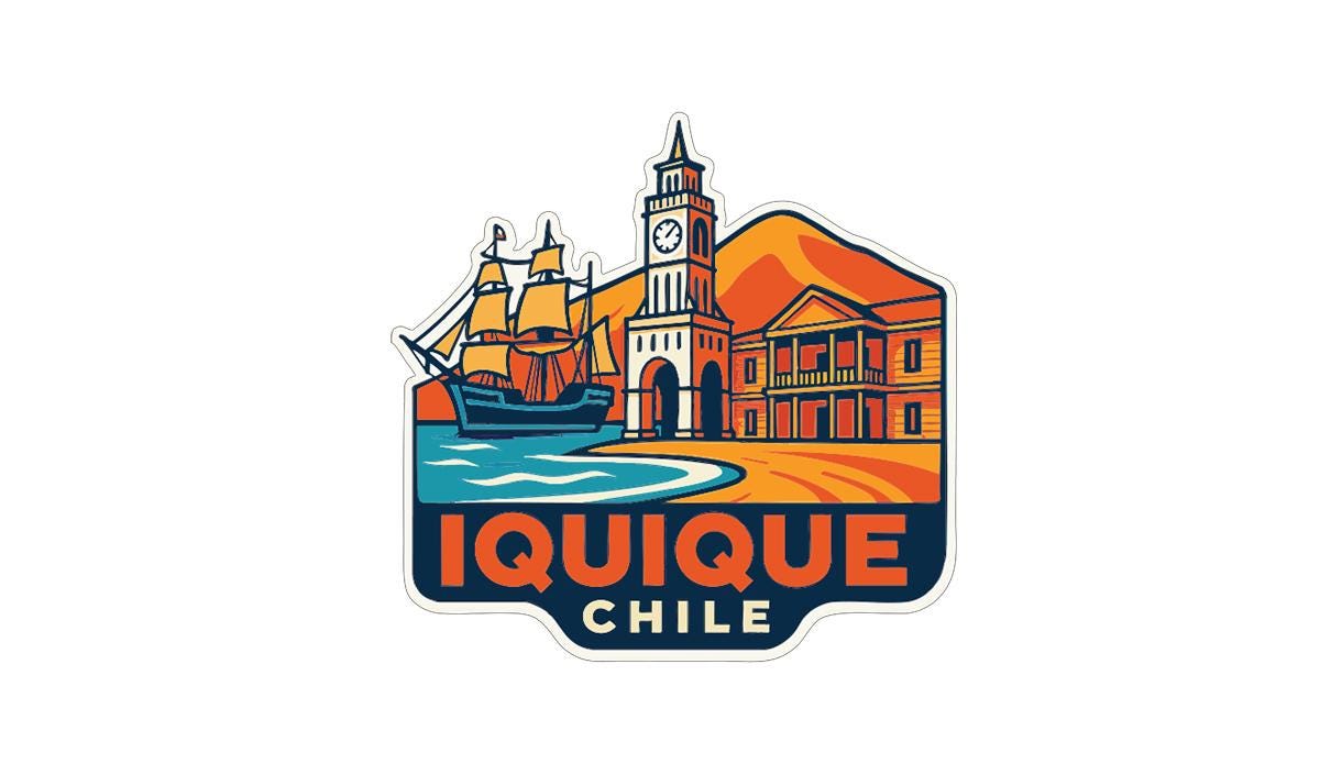 a colorful illustration of a ship, a clock tower, and a building, with the text "IQUIQUE CHILE" prominently displayed.