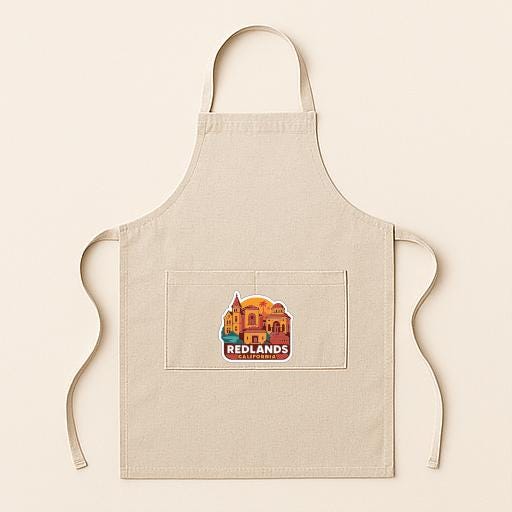 A beige apricot with a logo of Redlands, a city in California, printed on it.