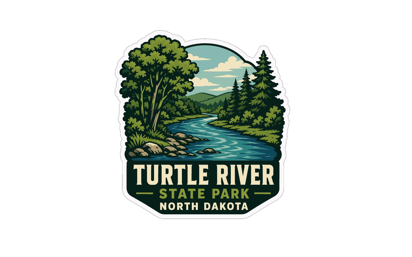 A sticker or emblem featuring a scenic landscape with a river, trees, and mountains, along with the text "Turtle River State Park North Dakota".