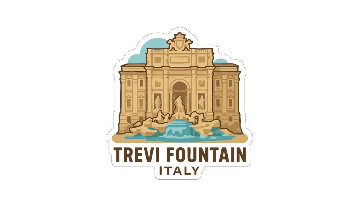 a stylized illustration of the Trevi Fountain in Italy, with the text "TREVI FOUNTAIN ITALY" prominently displayed.