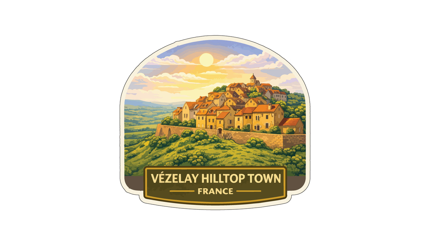 a picturesque hilltop town in France, with a cluster of buildings nestled on a hillside, surrounded by lush greenery. The sun is shining brightly in the sky, casting a warm glow over the scene. The text "Vezelay Hilltop Town" and "FRANCE" is prominently displayed, indicating the location of the town.