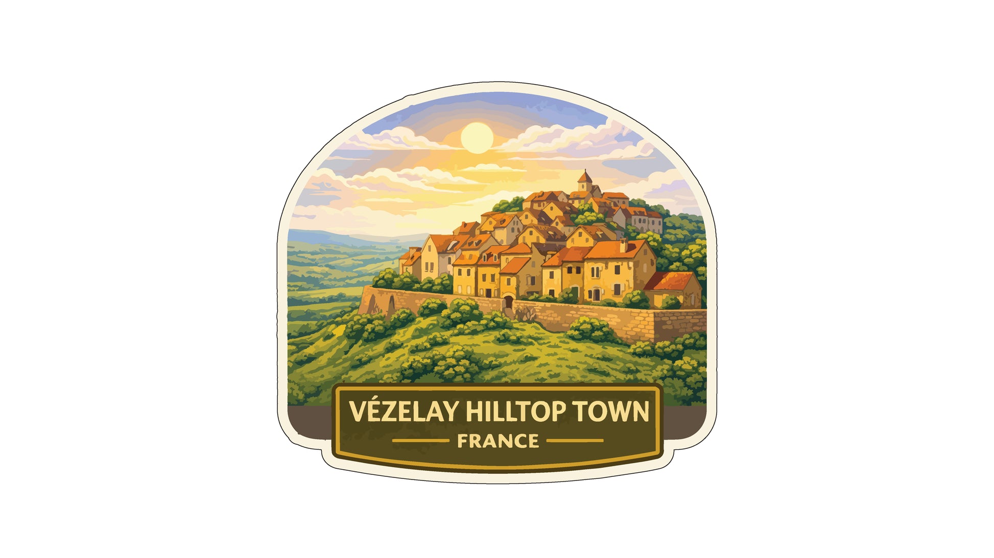 a picturesque hilltop town in France, with a cluster of buildings nestled on a hillside, surrounded by lush greenery. The sun is shining brightly in the sky, casting a warm glow over the scene. The text "Vezelay Hilltop Town" and "FRANCE" is prominently displayed, indicating the location of the town.