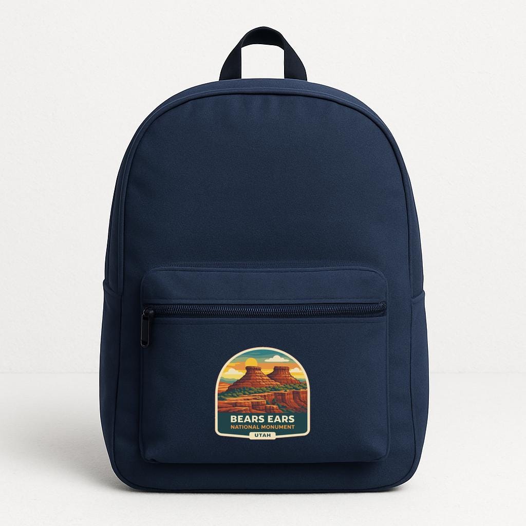A navy blue backpack with a graphic of a mountain range on the front pocket.