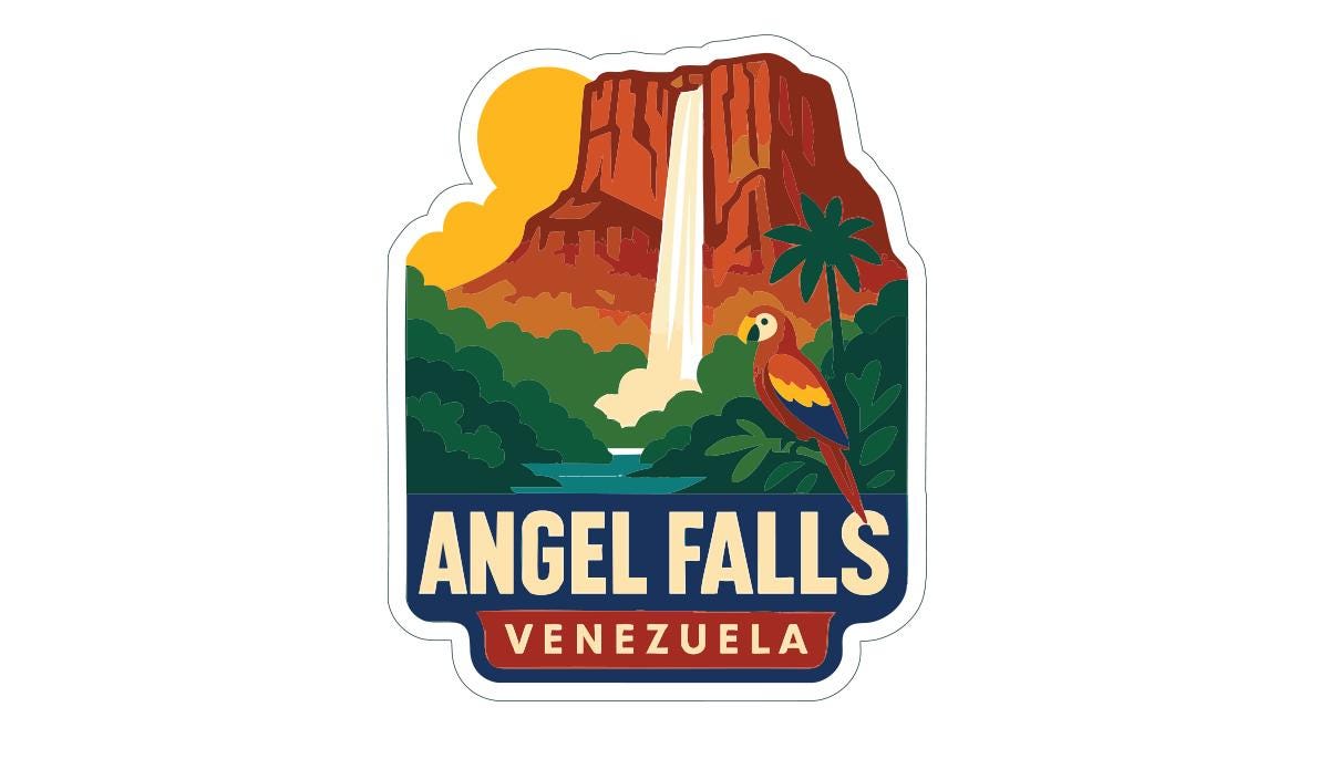 a colorful sticker or emblem depicting the Angel Falls, a famous waterfall located in Venezuela.