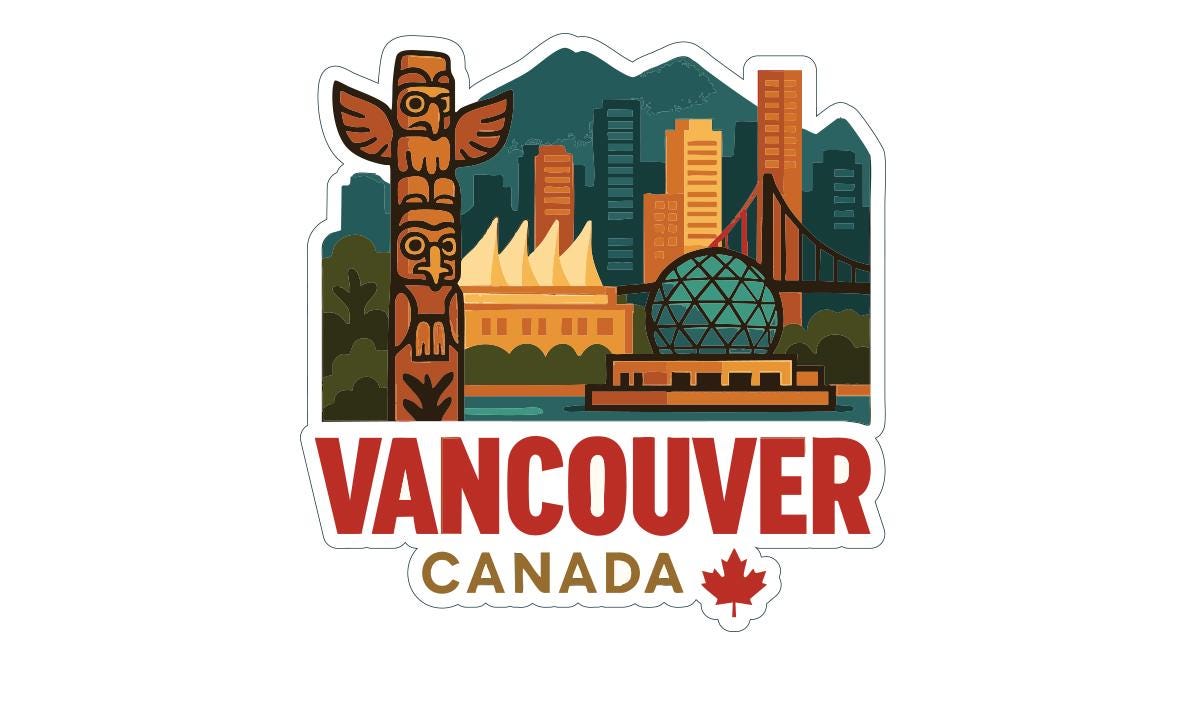 a sticker or logo depicting the city of Vancouver, Canada, with various landmarks and symbols such as a totem pole, a bridge, and a globe.