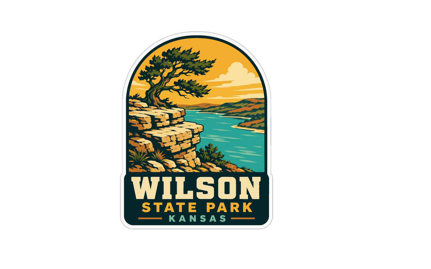 A sticker depicting a scenic landscape with a cliff overlooking a river, surrounded by trees and mountains.