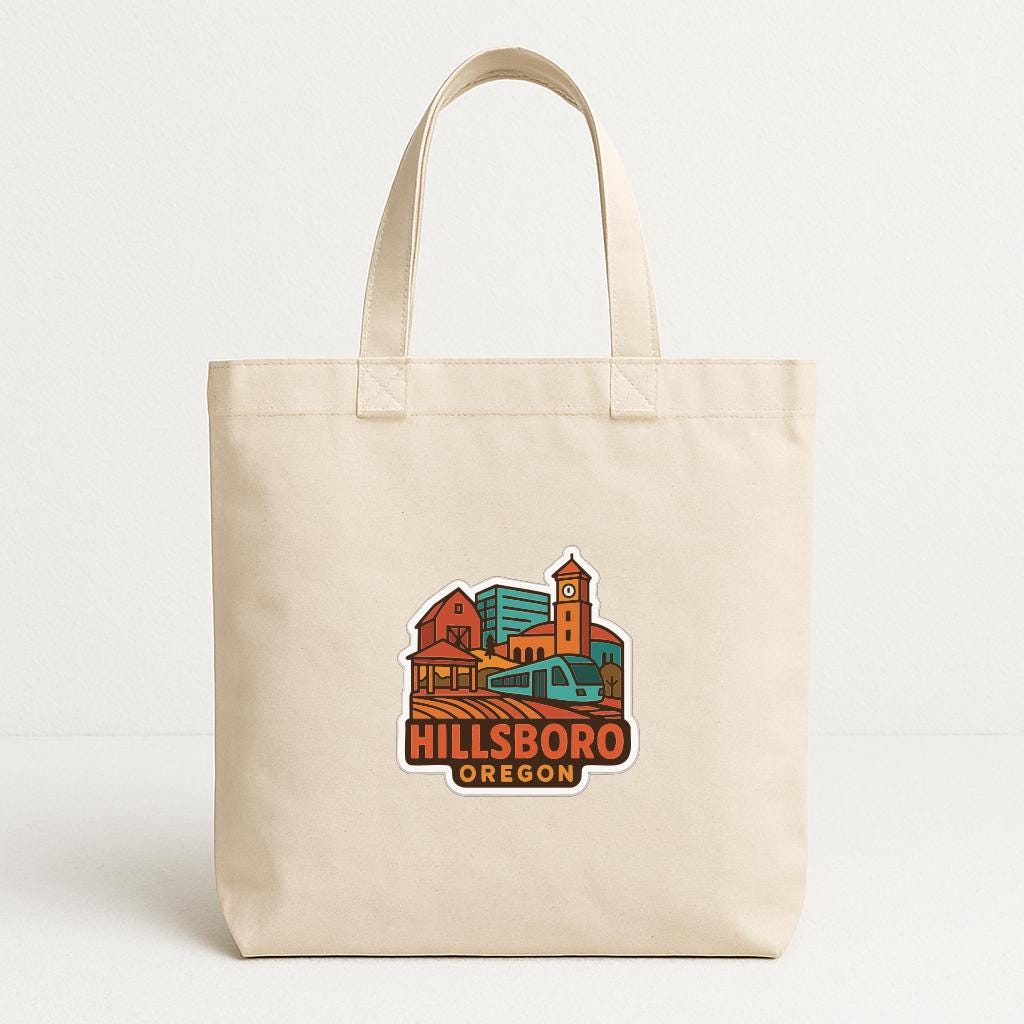A beige tote bag with a printed design depicting a cityscape and the text "Hillsboro, Oregon" printed on it.