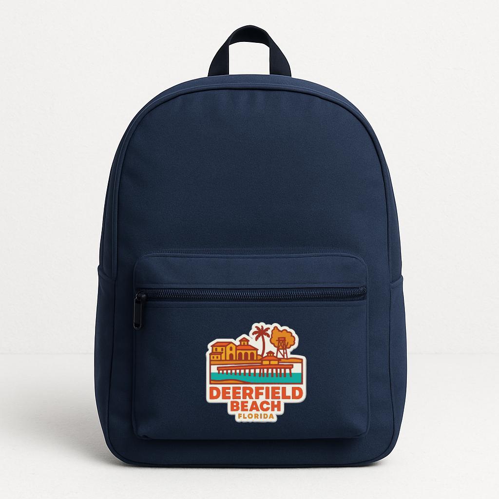 A navy blue backpack with a logo for Deerfield Beach, Florida.