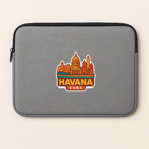 A gray laptop sleeve with a graphic of Havana, Cuba, printed on it.