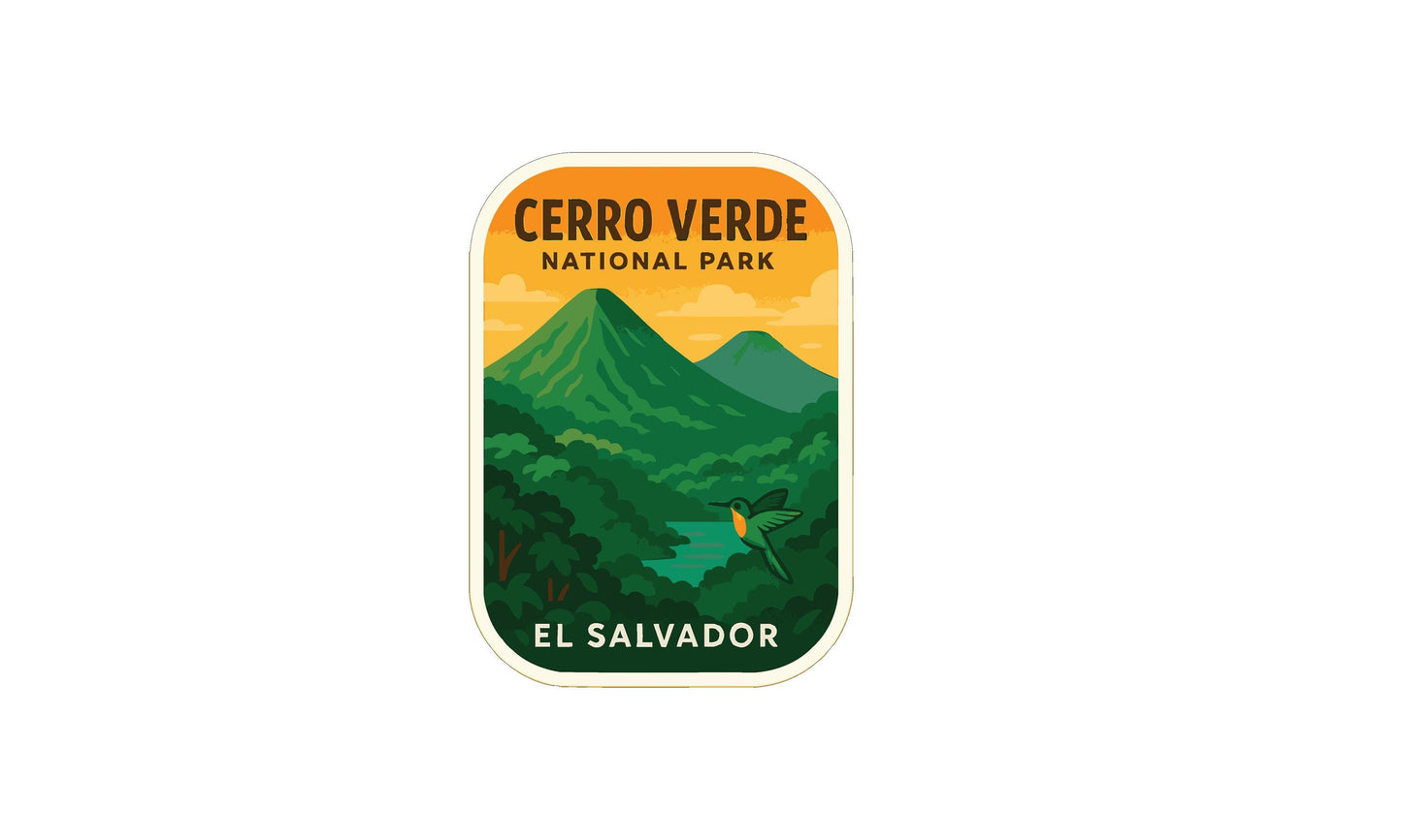 a sticker or label with a mountain landscape and a bird in flight, representing Cerro Verde National Park in El Salvador.
