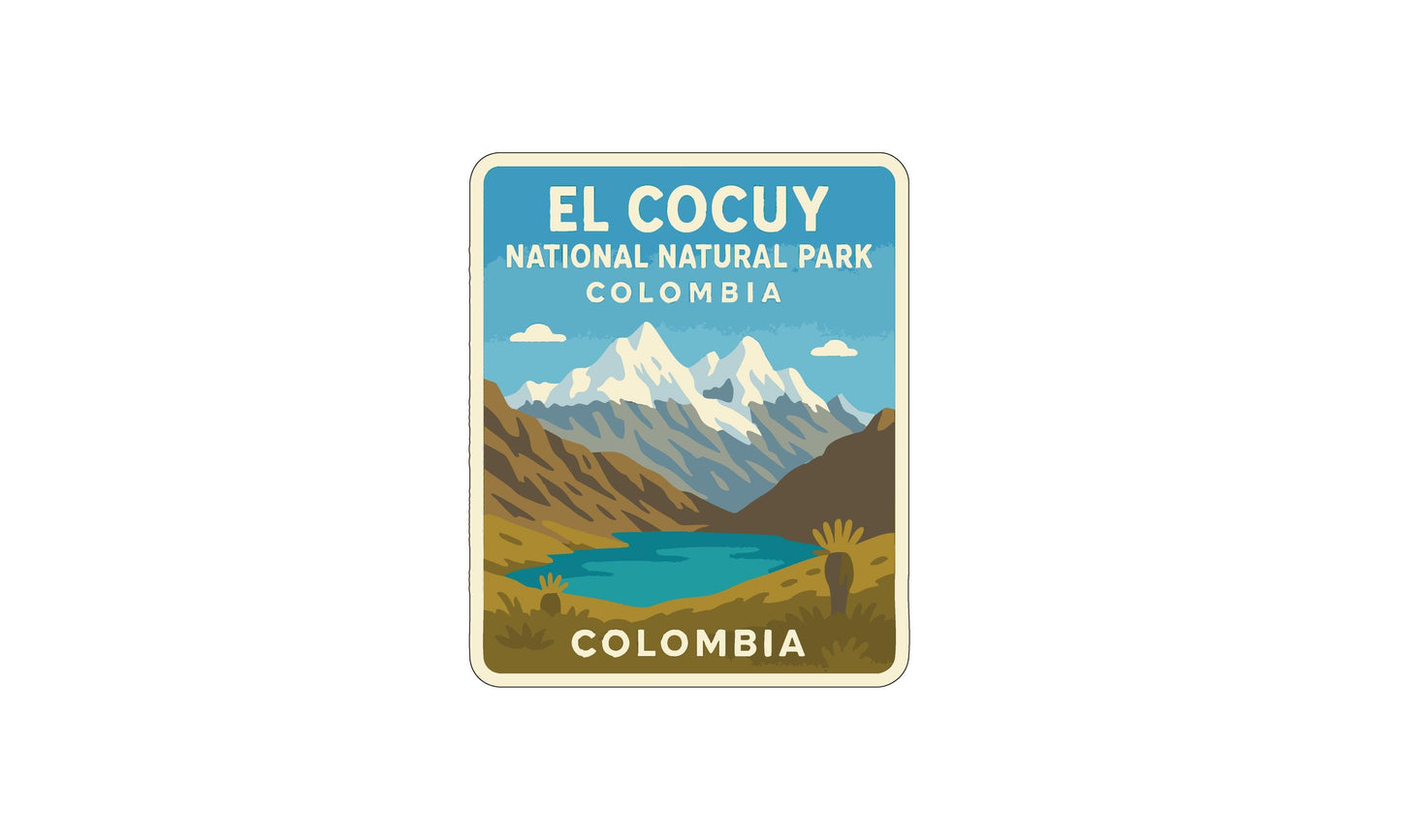 A sticker or label for El Cocuy National Park in Colombia, featuring a mountain landscape with a lake and palm trees.