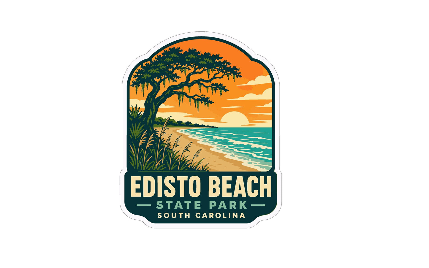 A sticker or emblem featuring a scenic beach landscape with a palm tree, ocean, and sunset.