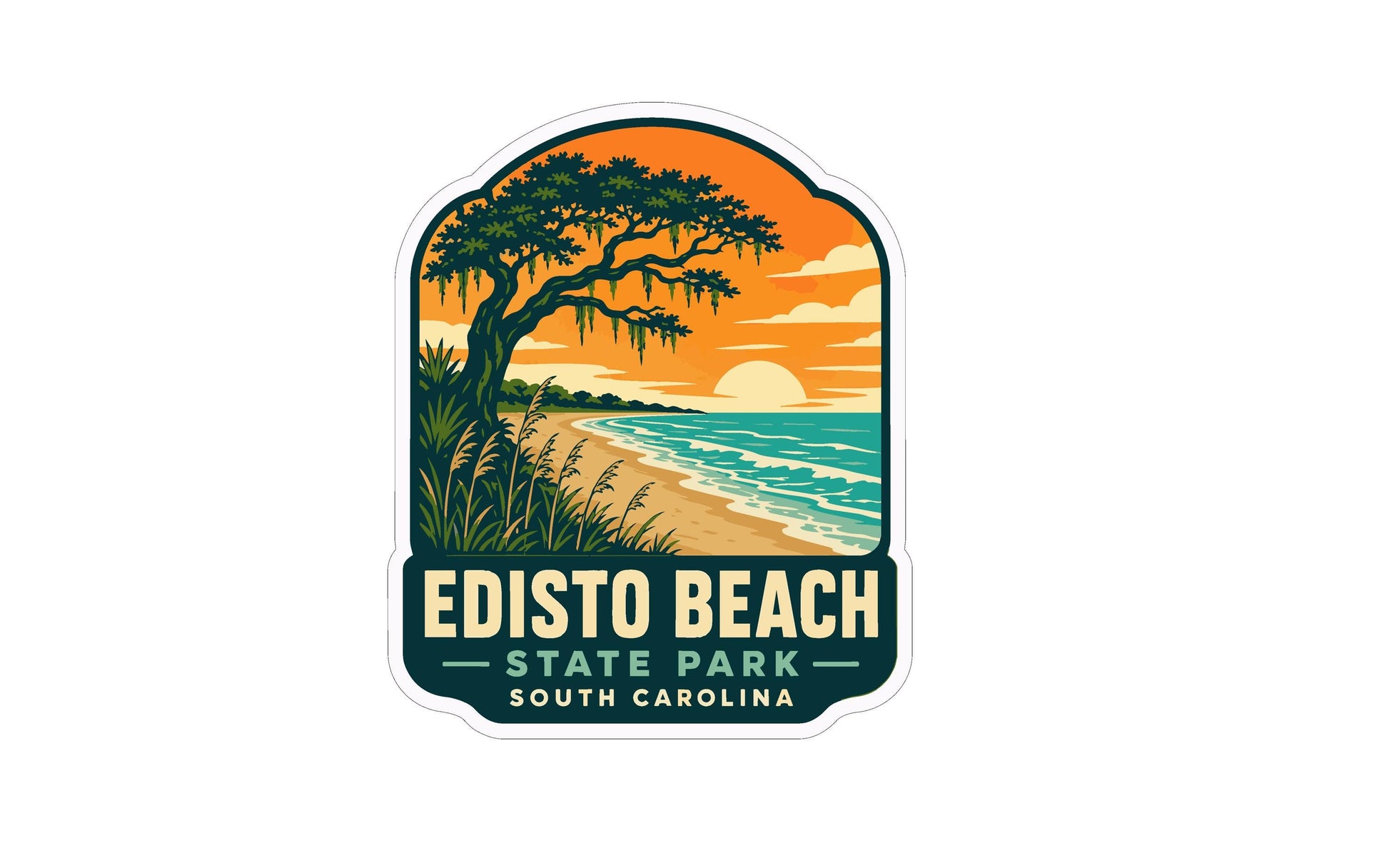 A sticker or emblem featuring a scenic beach landscape with a palm tree, ocean, and sunset.