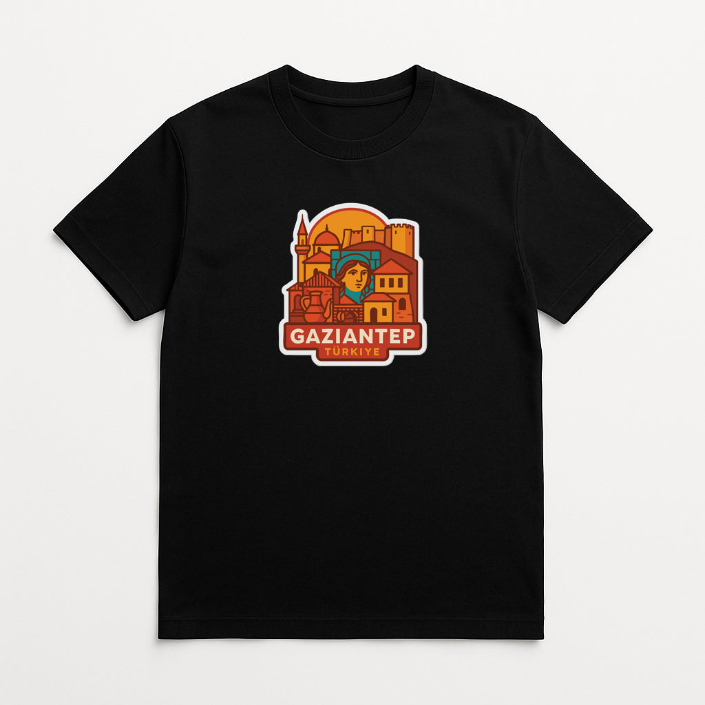 A black t-shirt with a graphic design featuring a stylized illustration of a city skyline, along with the text "GAZIANTEP TURKISH" printed on it.