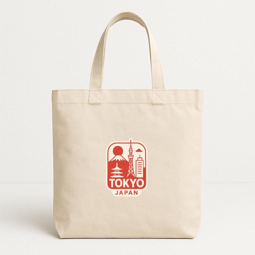 A beige tote bag with a red and white logo that says "TOKYO JAPAN" printed on it.