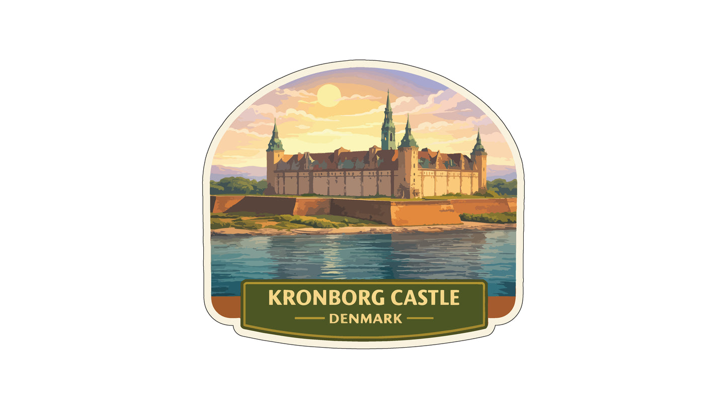 a castle with multiple towers, situated near a body of water. The castle is surrounded by a moat, and the sky above it is filled with clouds. The castle is located in Denmark.