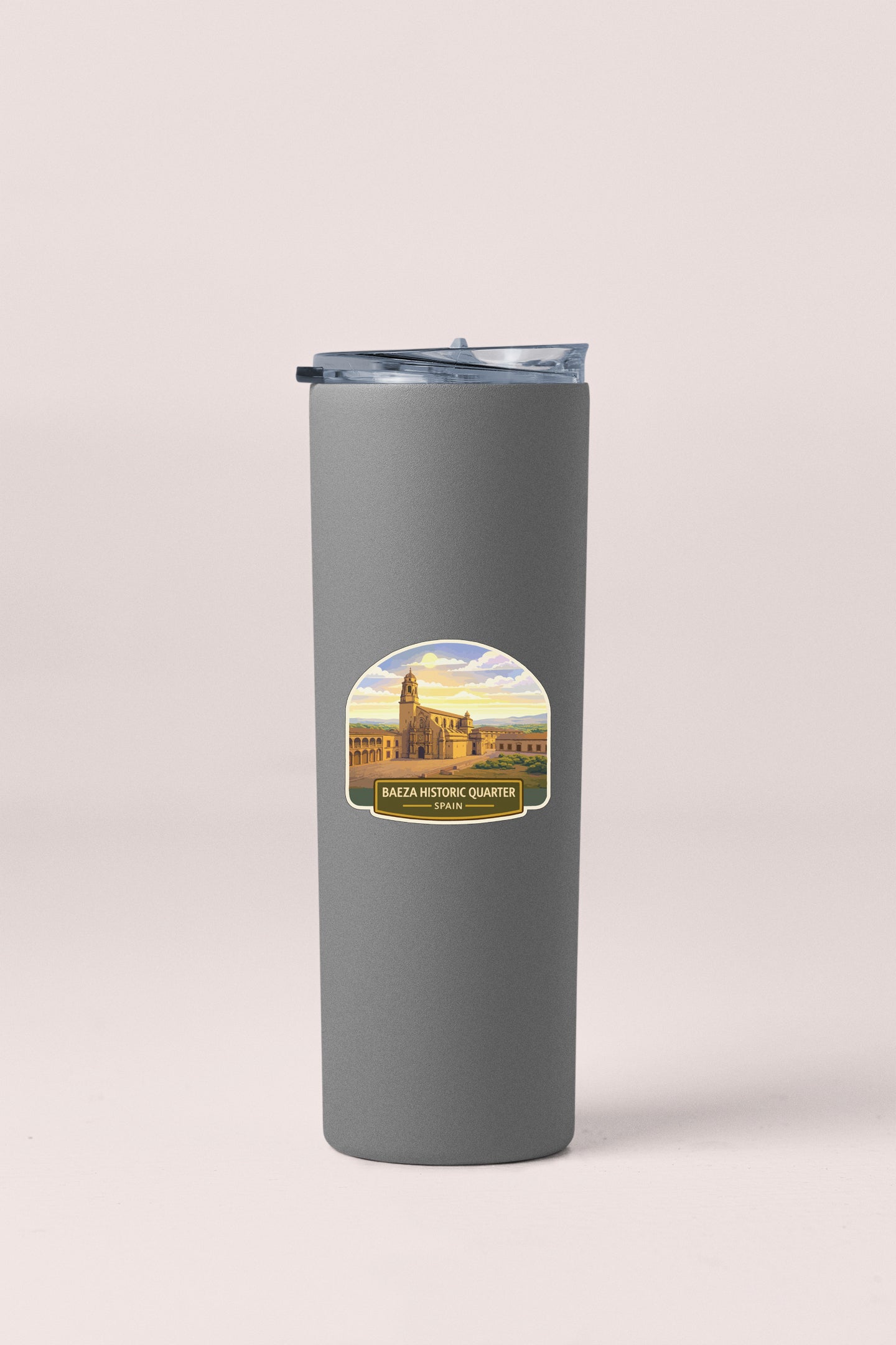 A gray insulated tumbler with a label that says "BAZAZA HISTORIC QUARTER SPAIN".