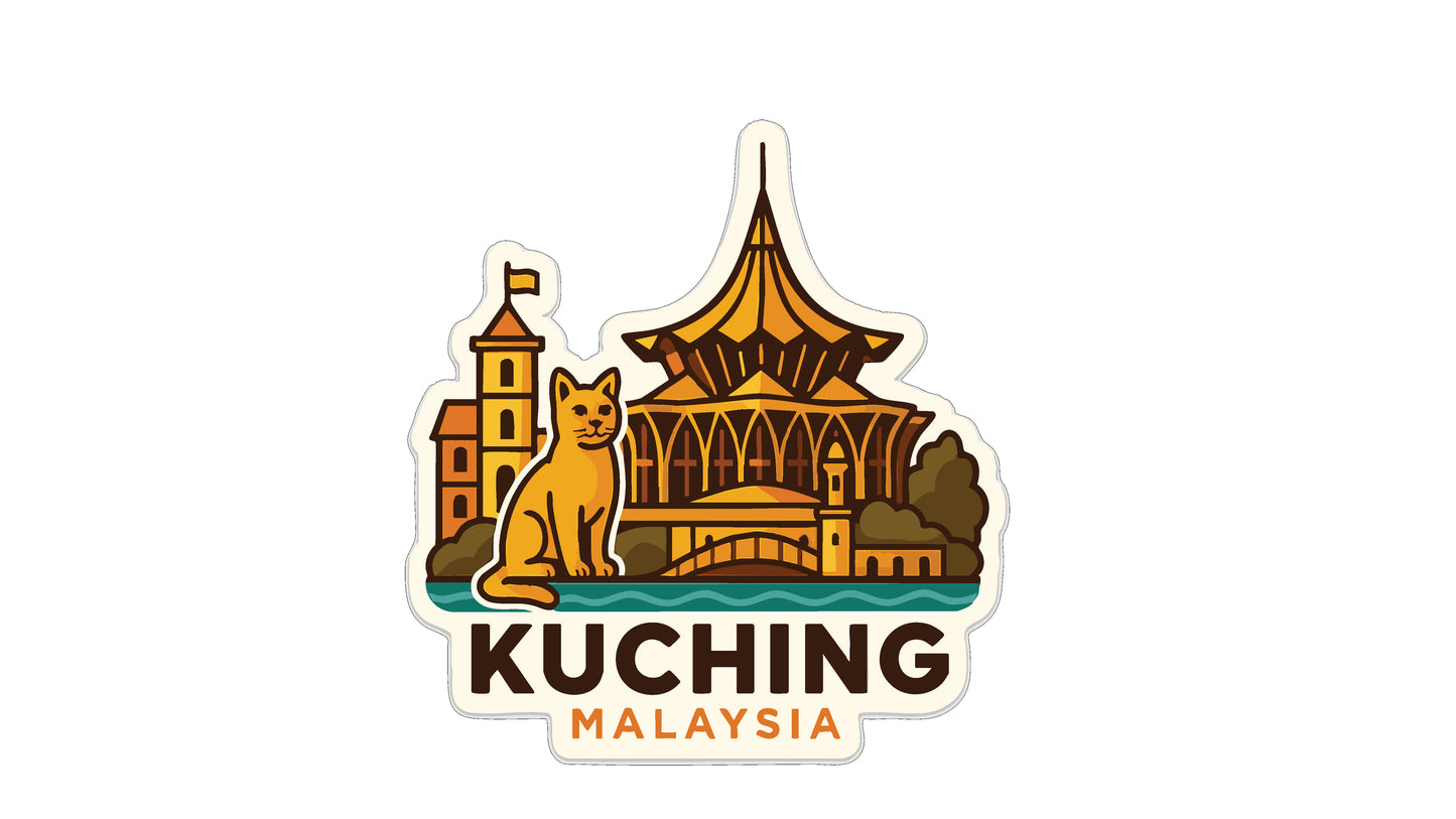 A sticker depicting the Kuching, Malaysia skyline, with a cat sitting in front of a building.