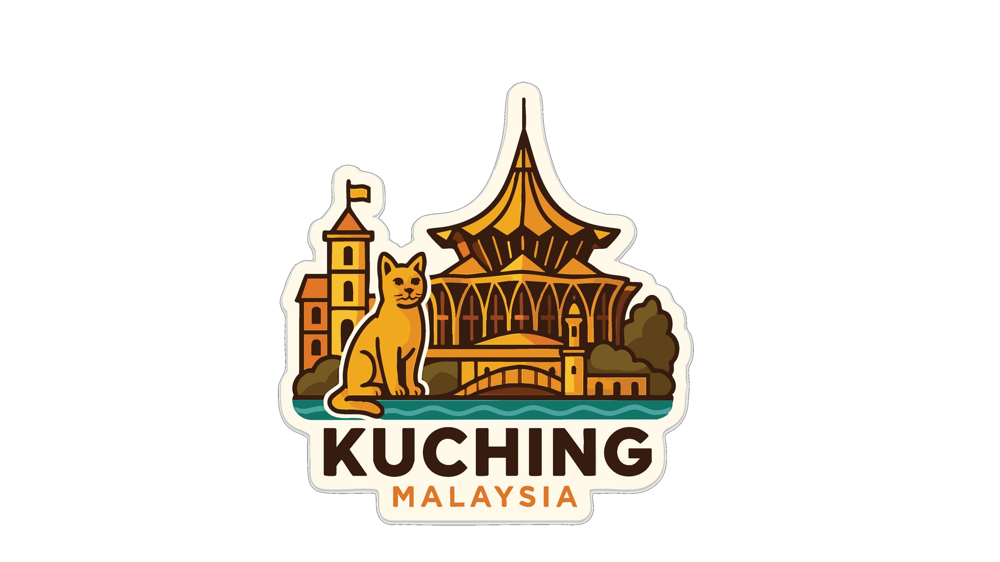 A sticker depicting the Kuching, Malaysia skyline, with a cat sitting in front of a building.