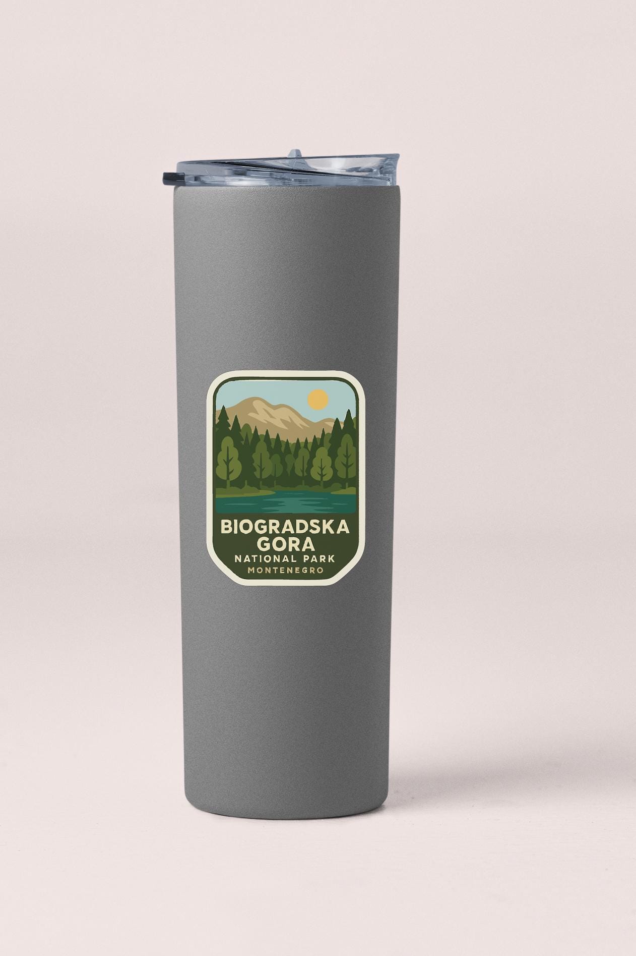 A gray insulated tumbler with a label that reads "BIOGRADSKA GORA NATIONAL PARK MONTENERGO".