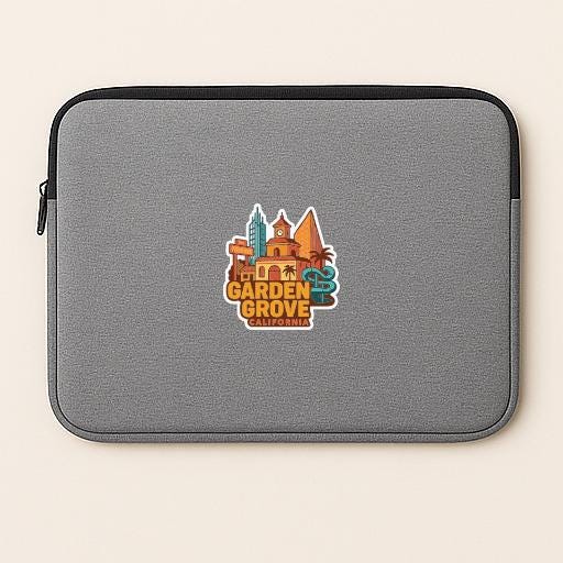 a gray laptop sleeve with a colorful sticker on it, depicting a cityscape with buildings and palm trees.