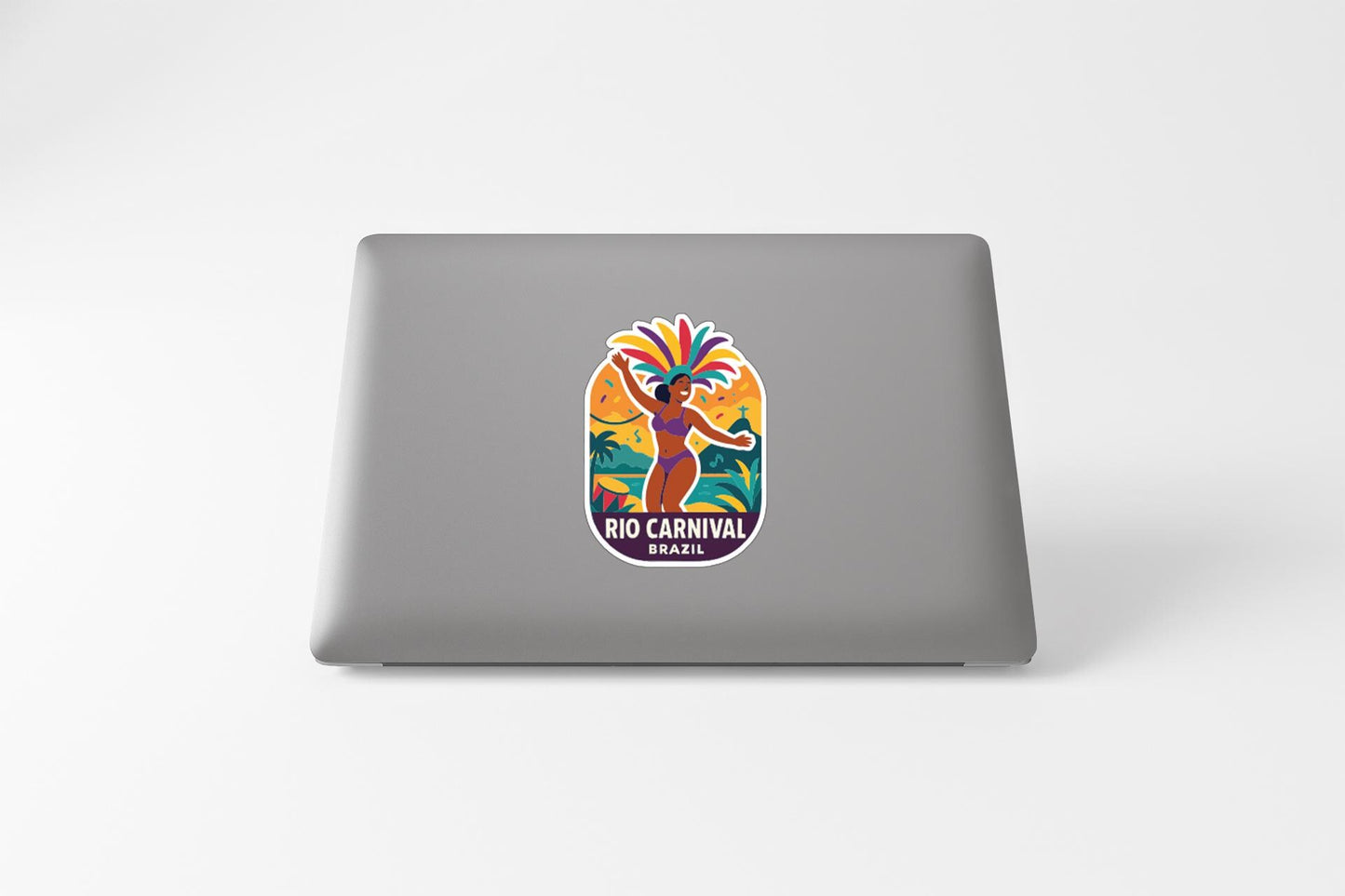 a sticker with a colorful illustration of a woman in a vibrant costume, representing the Rio Carnival in Brazil.