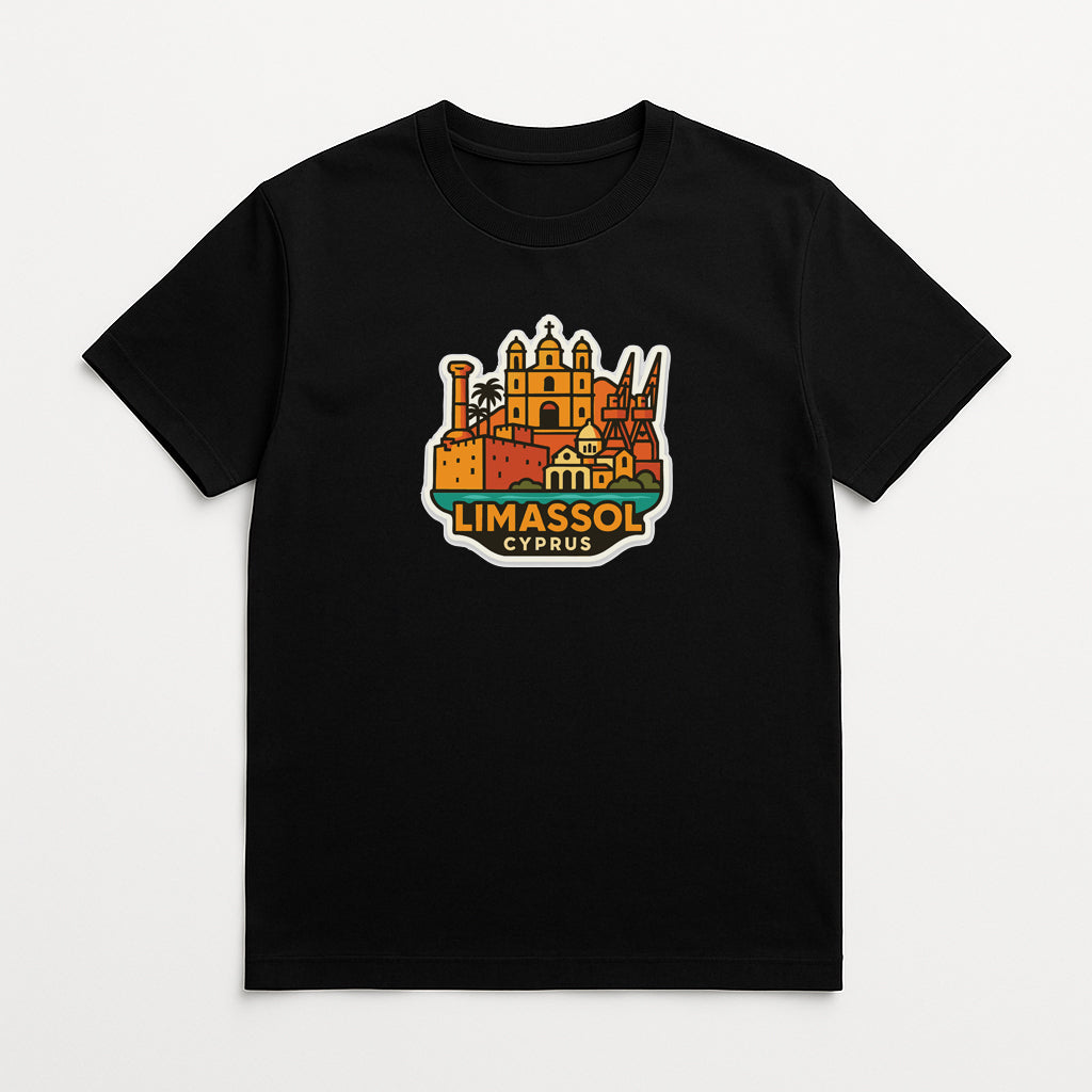 A black t-shirt with a colorful graphic design depicting a cityscape, likely Limassol, Cyprus.
