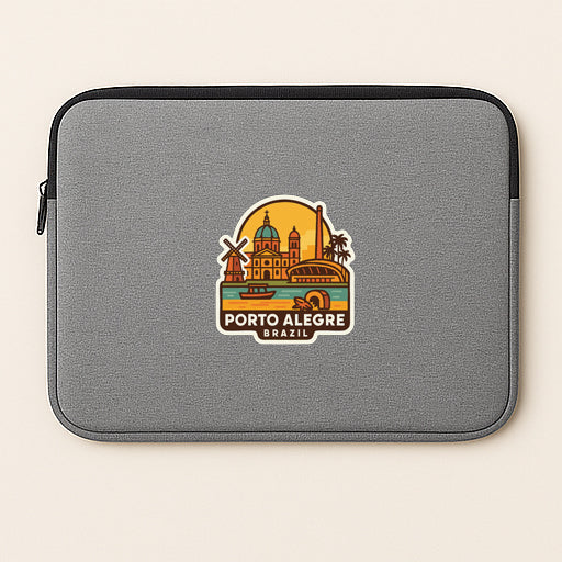 a gray laptop sleeve with a graphic design depicting the cityscape of Porto Alegre, Brazil.